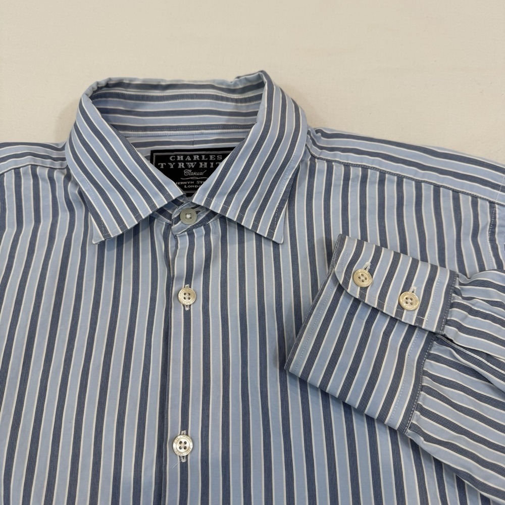 Charles Tyrwhitt Shirt Mens Large Blue Striped Button Down Cotton Long Sleeves